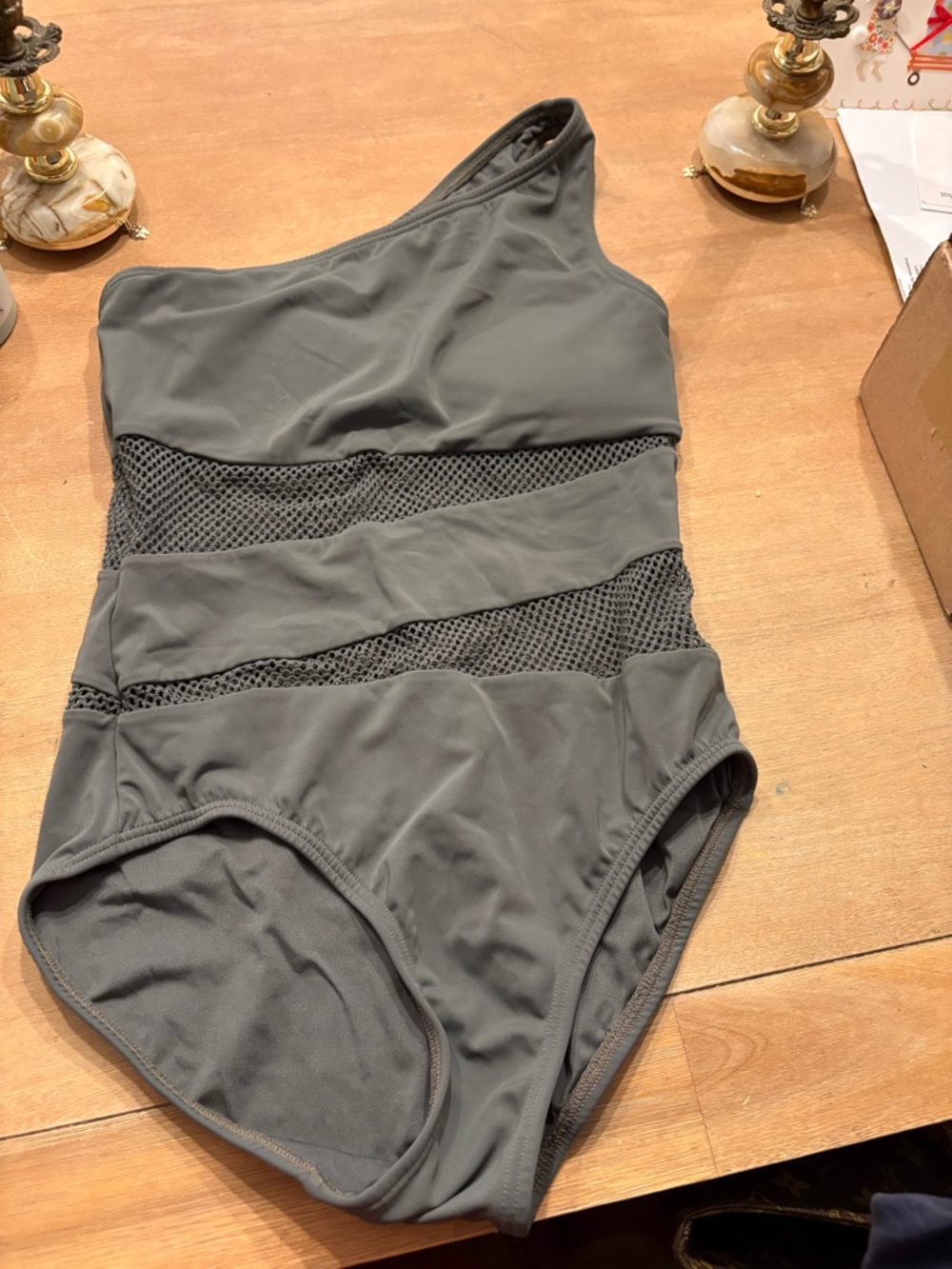 Carmen Marc Valvo One-Shoulder Mesh Panel One-Piece Swimsuit in Gray